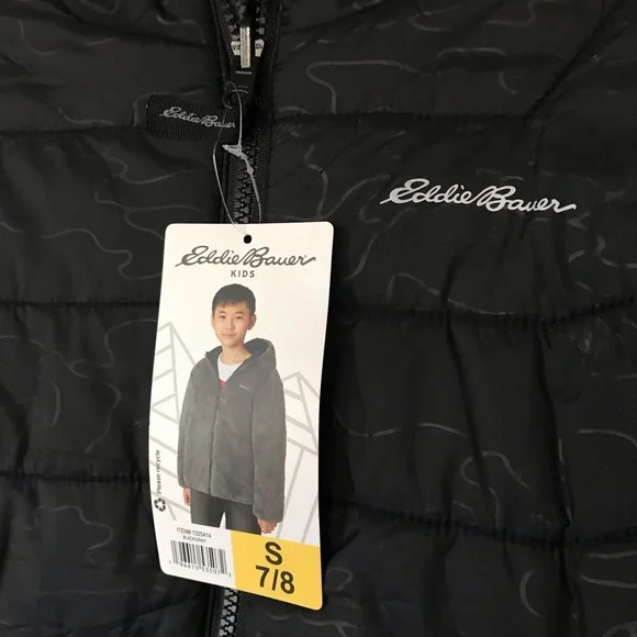 NWT Eddie Bauer Youth Boys Reversible Hooded Puffer Fleece Black Gray Jacket S